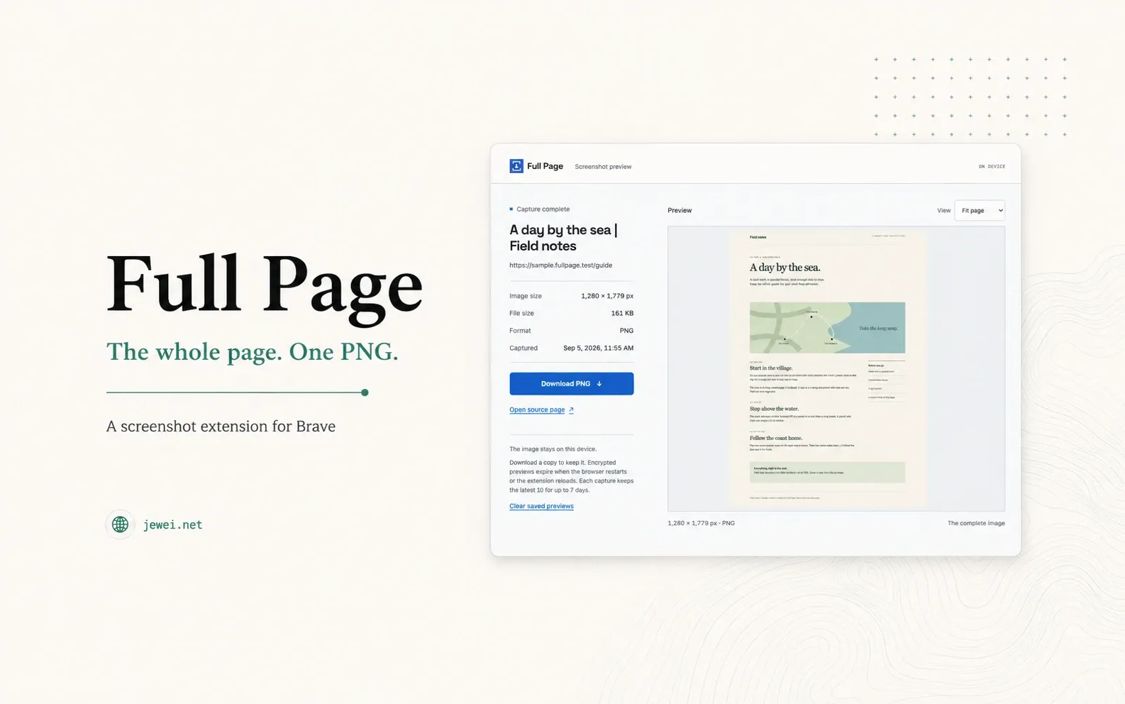 Full Page cover with a screenshot preview of a complete sample page and a Download PNG button.